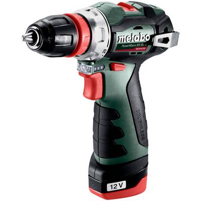 Draadloos Metabo PowerMaxx BS BL boor-schroefmachine, groen en zwart, met 12V batterijbasis en zichtbare spankop.