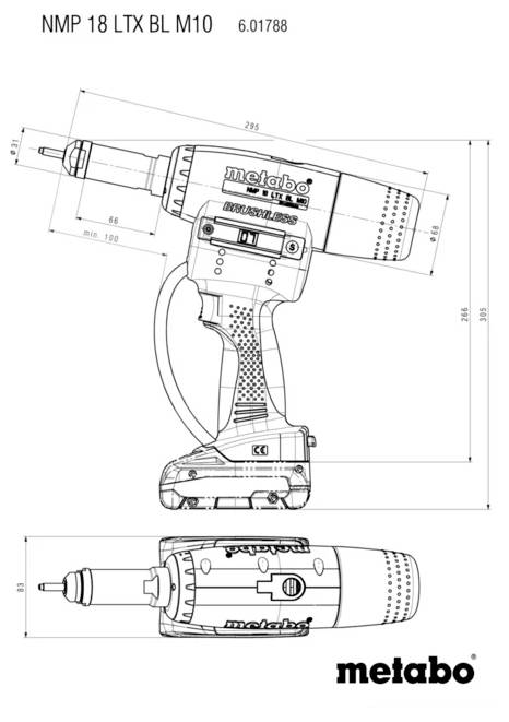 'Een technische tekening van een Metabo elektrisch gereedschap, model NMP 18 LTX BL M10, met zijkanten onderaanzichten, afmetingen en merkbranding.'