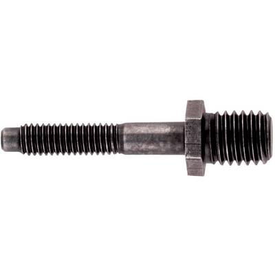 Een metalen schroefbout met zeshoekige flens, horizontaal op een witte achtergrond weergegeven.