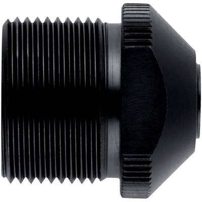 Zwarte schroefdraad metalen pijpfitting of plug weergegeven in zijaanzicht op een witte achtergrond.