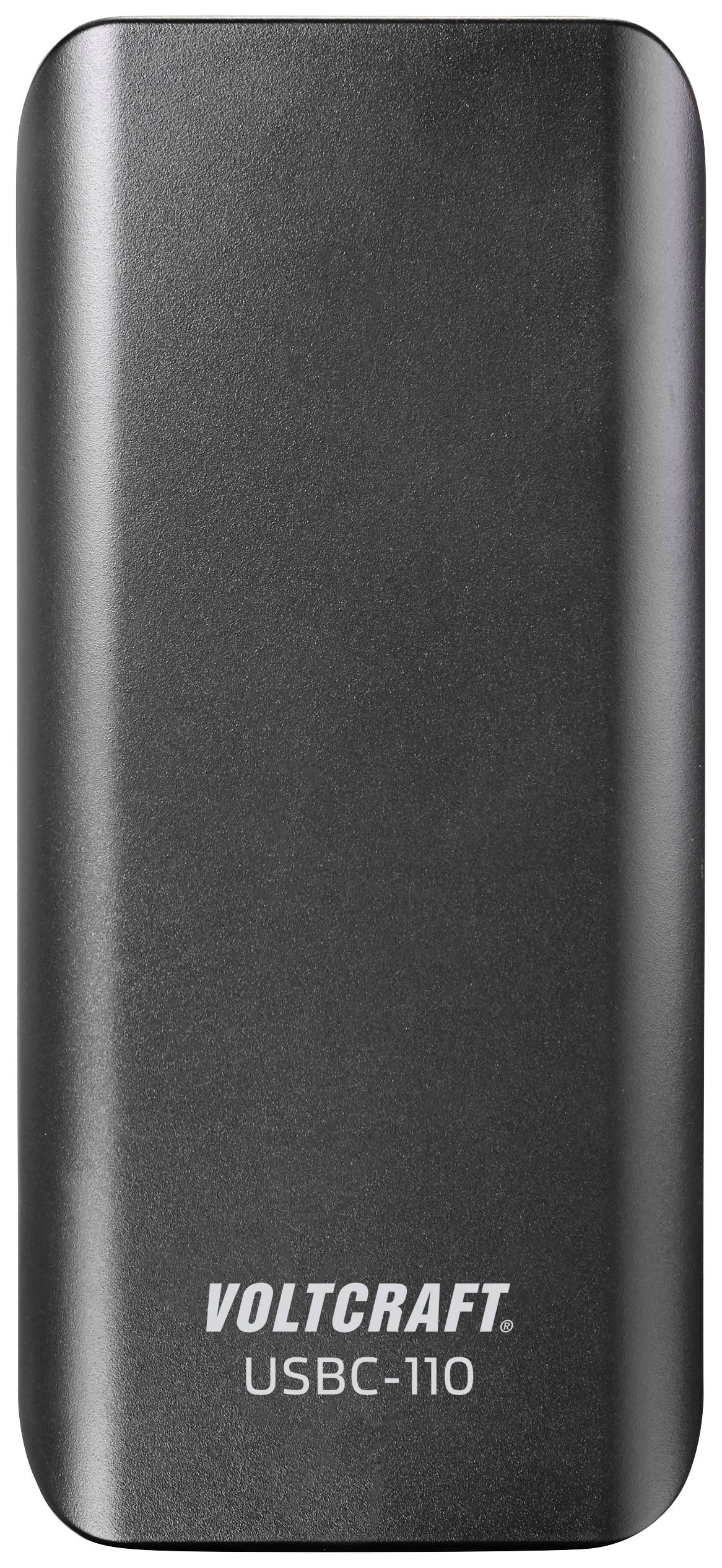 Een Powerbank van het merk Voltcraft, model USBC-110, in een zwarte behuizing.