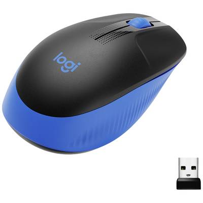Draadloze computermuis in zwart-blauw, naast een USB-ontvanger.