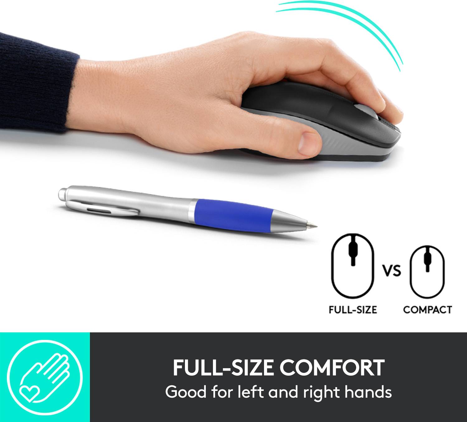 Een hand houdt een ergonomische computermuis vast boven een tafel, naast een balpen. Tekst onderaan: 'Comfort dankzij groter formaat. Geschikt voor links- en rechtshandigen'.