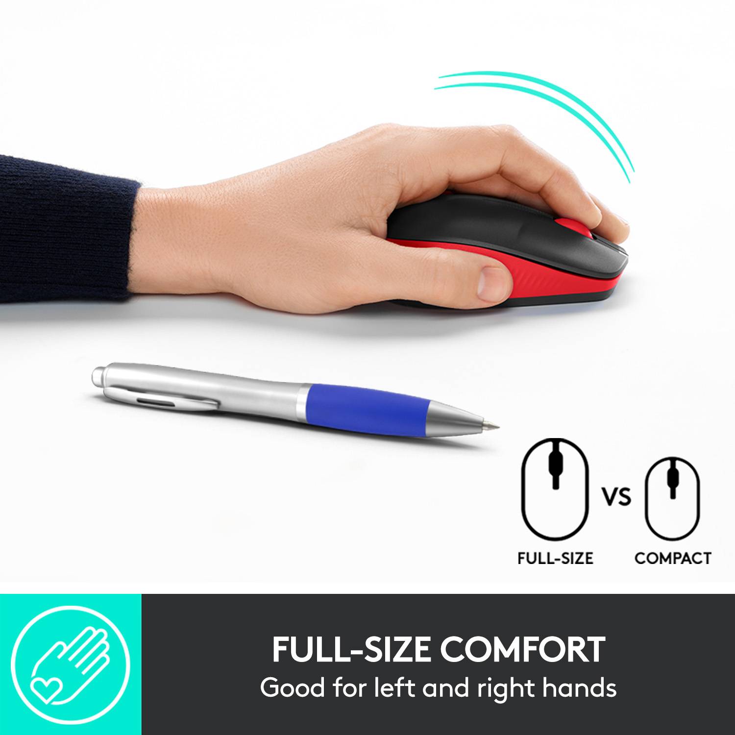 Een hand houdt een ergonomische muis vast naast een blauwe pen. Tekst: 'Comfort dankzij groter formaat. Geschikt voor links- en rechtshandigen.'