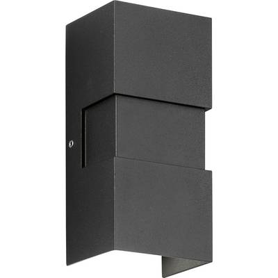 Een moderne, rechthoekige, zwarte wandlamp met minimalistisch design, gemonteerd op een gladde oppervlakte.
