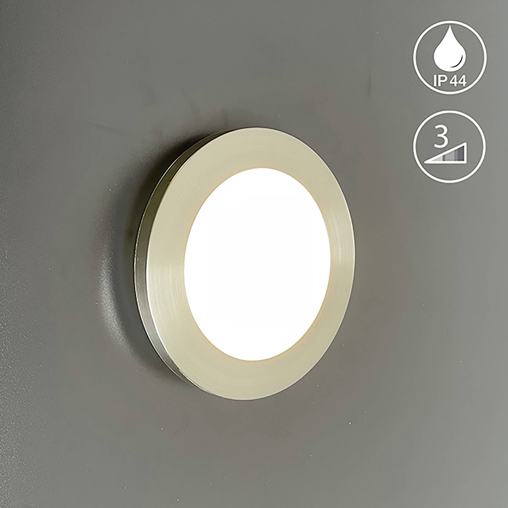 Ronde LED-wandlamp met wit licht, geschikt voor vochtige omgevingen (IP44), met dimbare functie. Ideaal voor wandmontage.