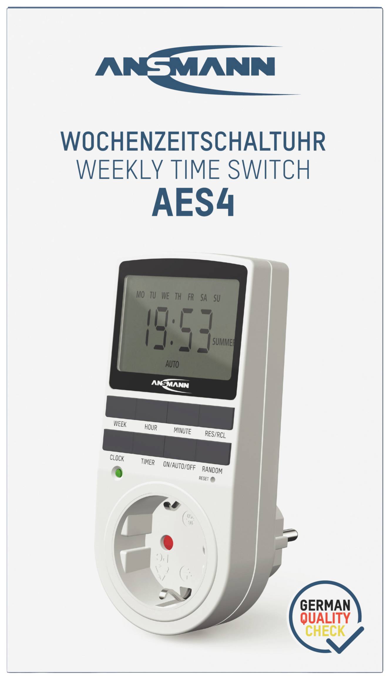 'Ansmann Weekschakelklok AES4' met digitaal display en stopcontact. 'German Quality Check'-zegel rechtsonder.