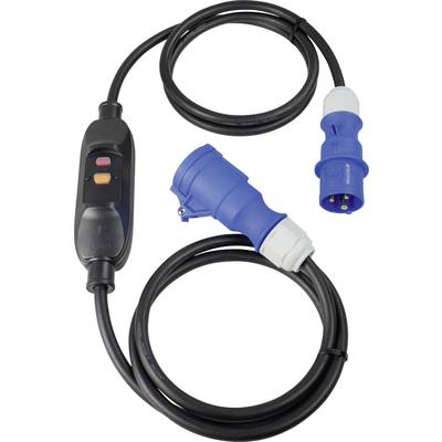 Een verlengsnoer met een blauwe CEE-stekker aan beide uiteinden, verbonden door een zwart kabel met een schakelmodule.