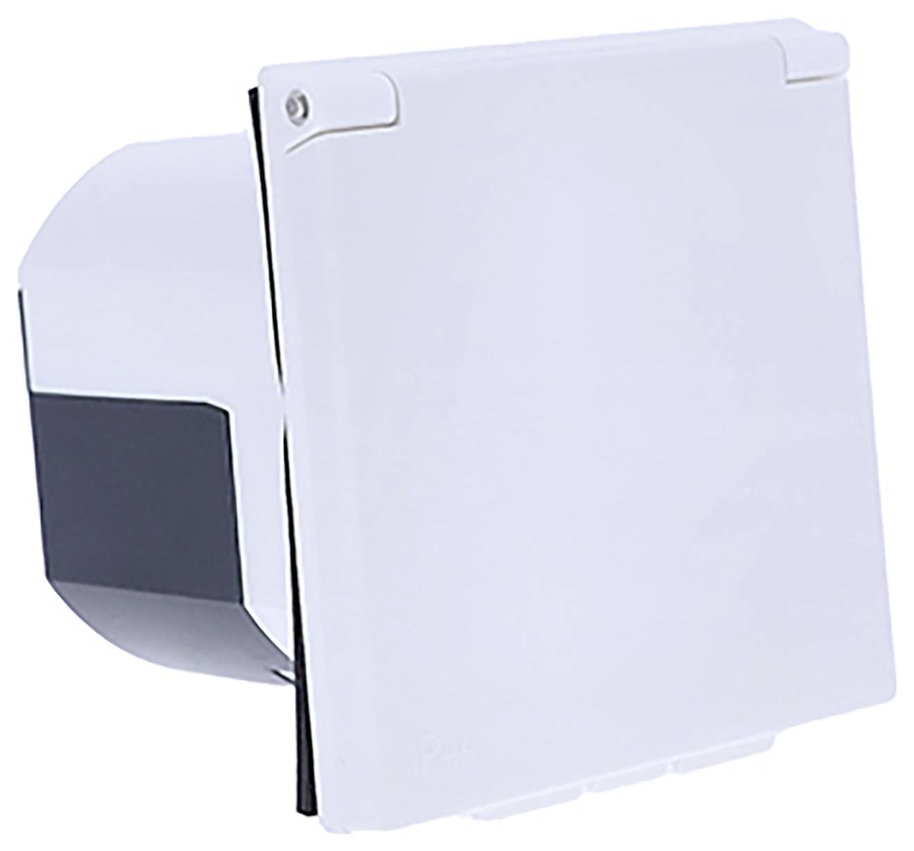 Een witte wandventilator met rechthoekige afdekking, zijaanzicht. Geschikt voor ventilatiesystemen in huishoudens of kleine kantoren.