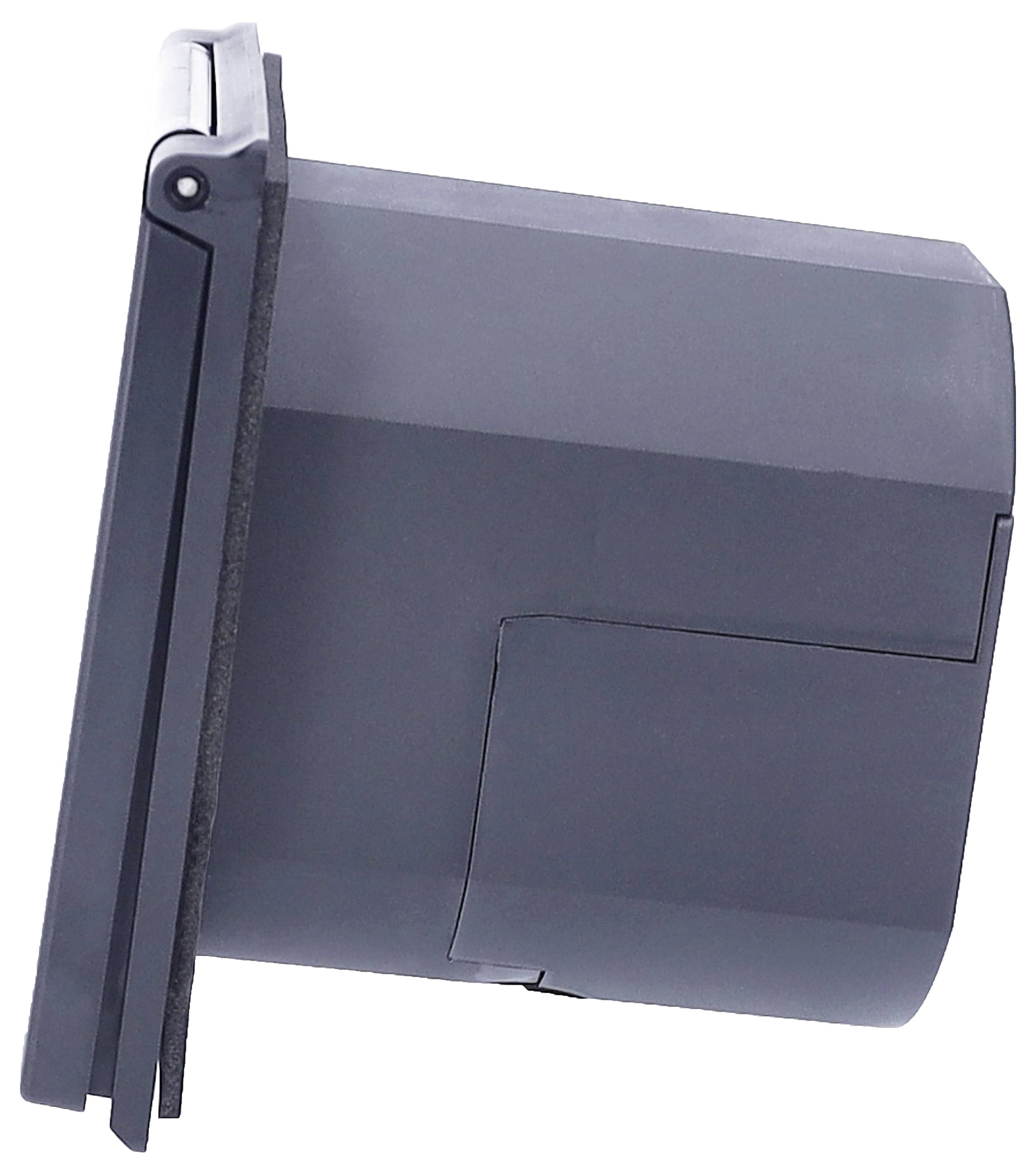 Een zwart, rechthoekig elektronisch apparaat met een klepje aan de zijkant, vermoedelijk een kaartlezer of een soortgelijk apparaat.