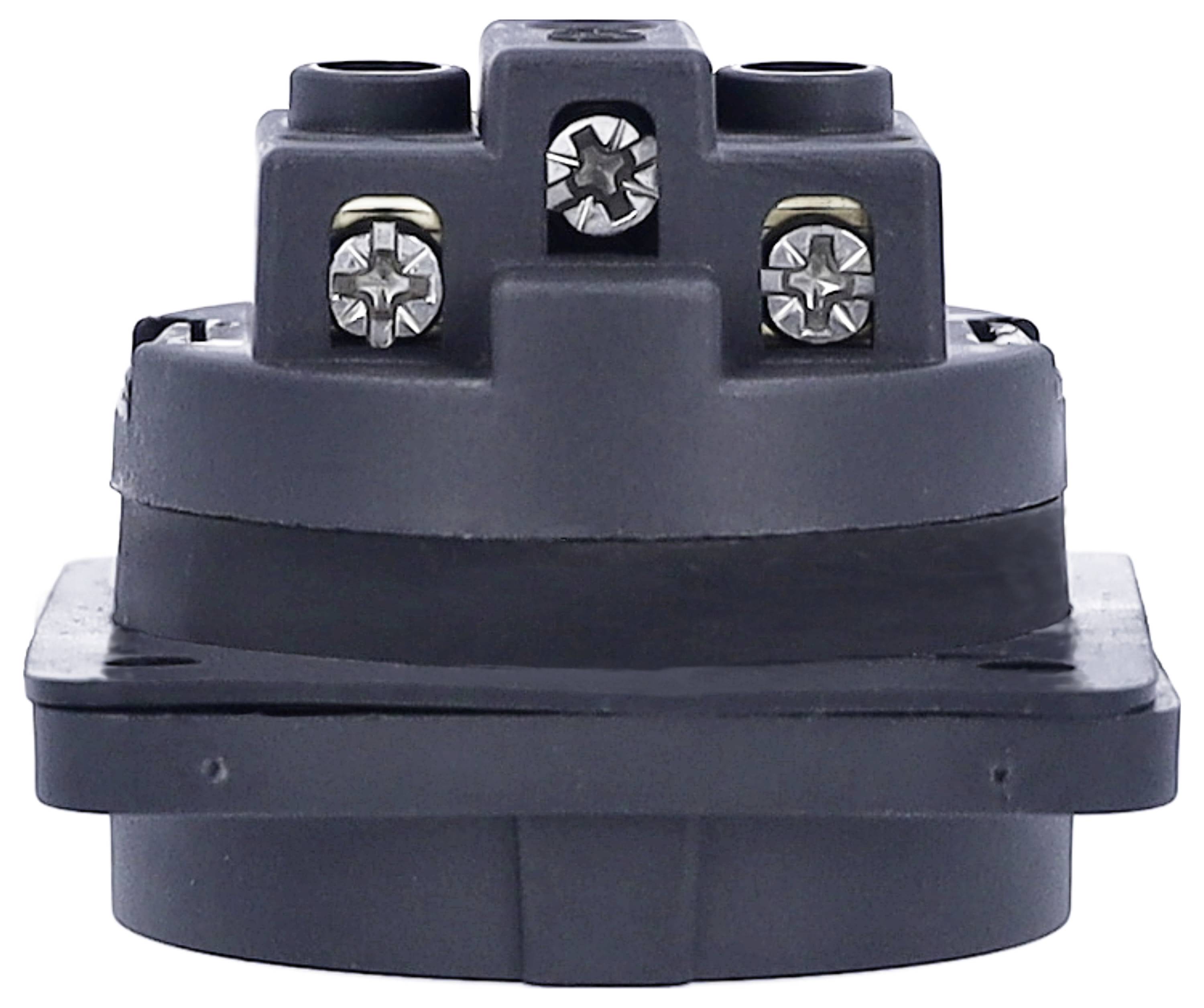 Een zwarte elektrische schakelaar met twee schroeven bovenaan voor de bevestiging.