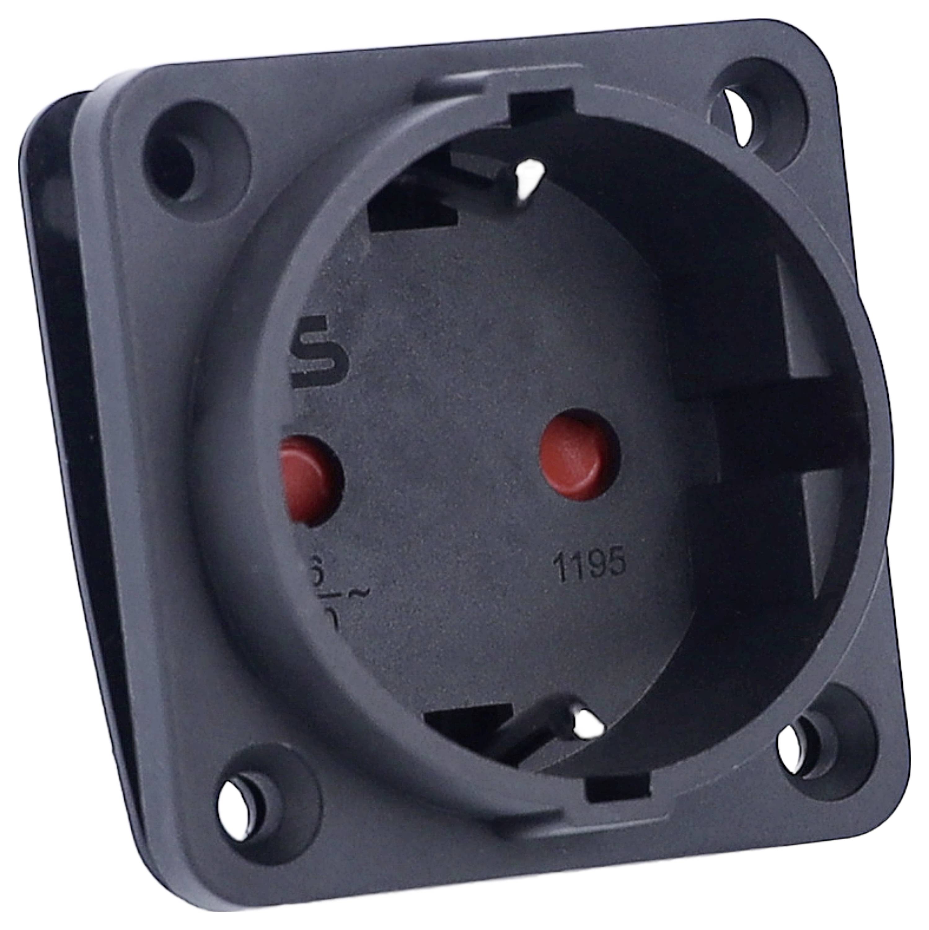 Een zwart stopcontact met twee ronde openingen en aardingscontacten, monteerbaar met vier schroefgaten in de hoeken.