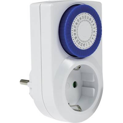 Mechanische tijdschakelklok met blauw draaiwiel en stopcontact, bestemd voor automatische besturing van elektrische apparaten.