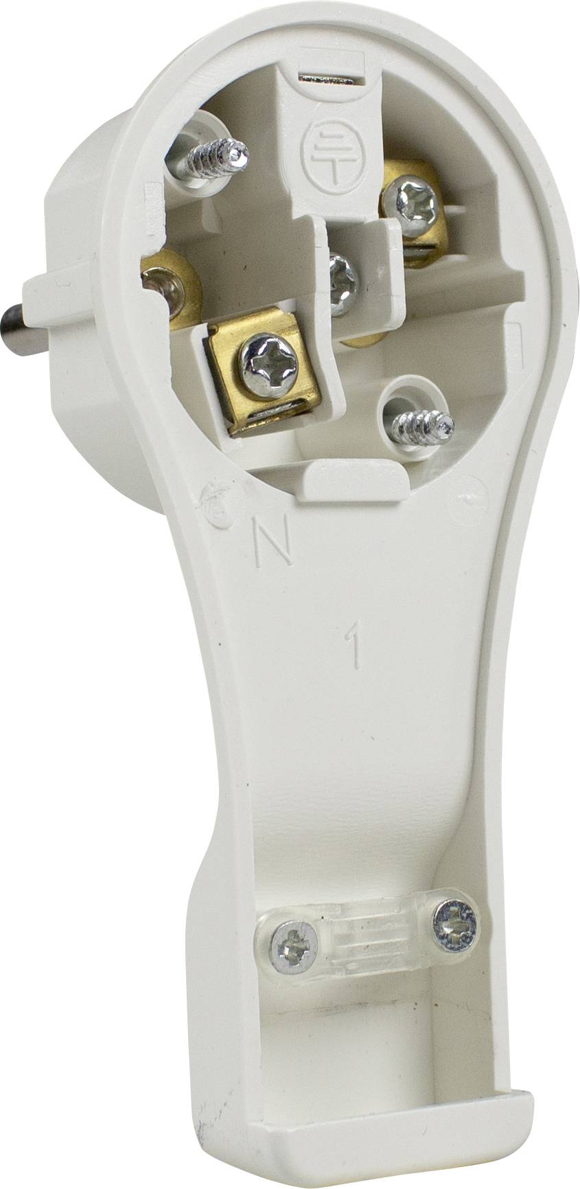 Binnenaanzicht van een witte lampvoet met zichtbare schroeven en metalen contactpunten voor elektrische verbinding.