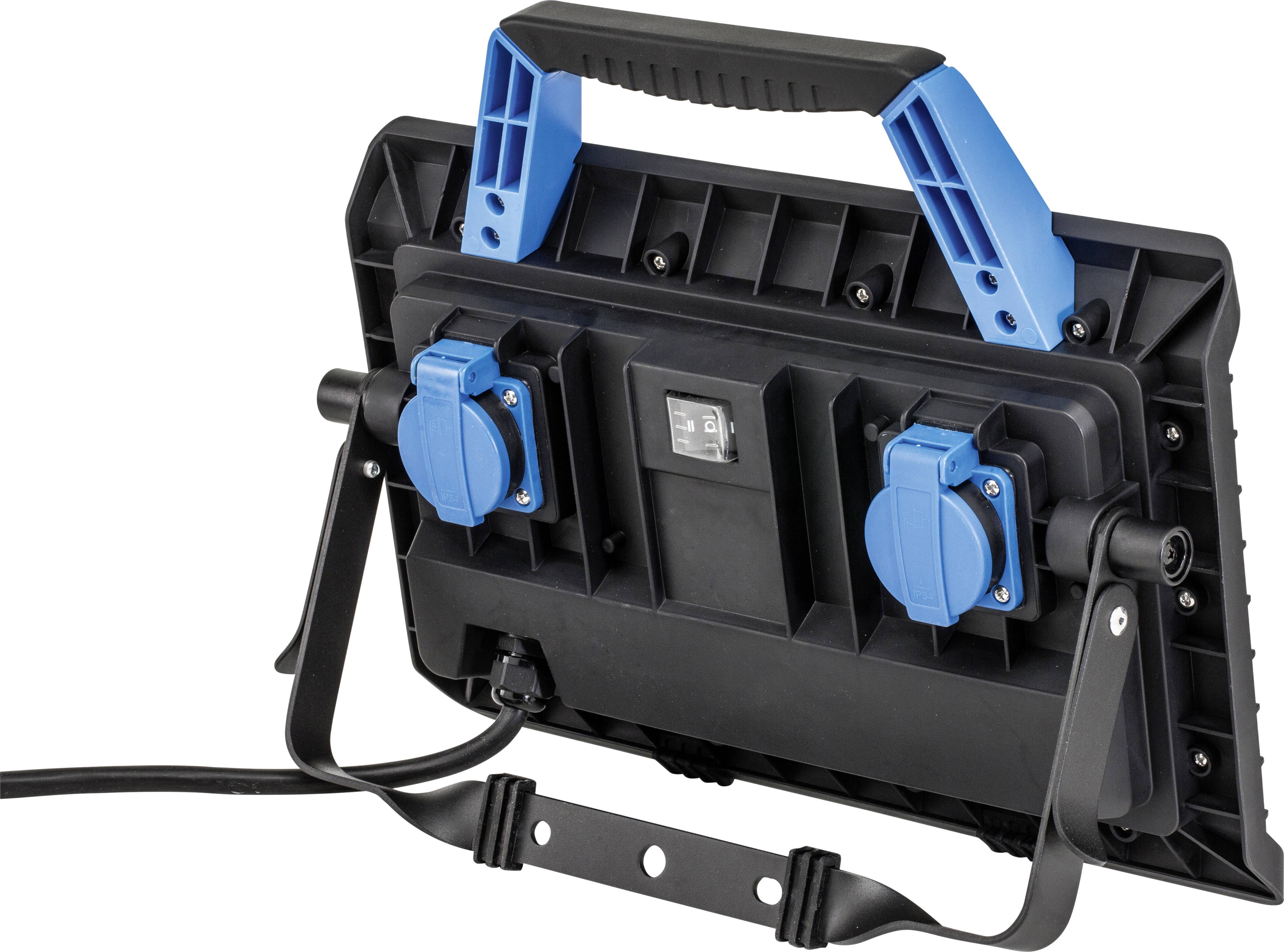 Een zwarte LED-bouwlamp met blauwe elementen, toont de achterkant met een stevig handvat en twee stopcontacten.