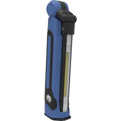 Een draagbare, blauwe LED-werklamp met afgeronde randen. Gemarkeerd met 'as - Schwabe'.