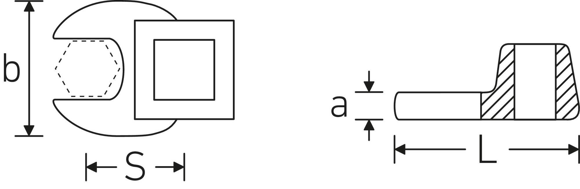 'Klem' schematische tekening. Links: bovenaanzicht met afmetingen 'S' en 'b'. Rechts: zijaanzicht met afmetingen 'a' en 'L'.