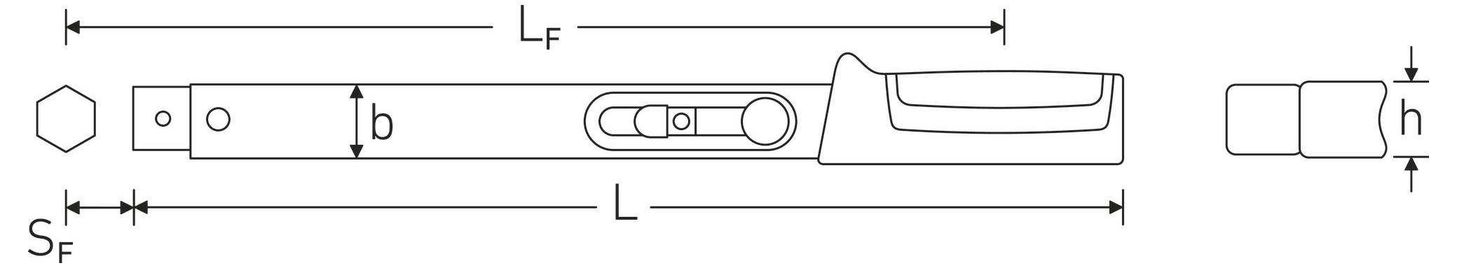 Diagram van een hefboom-stijl momentsleutel. Labels geven schachtlengtes aan (L, L_F), schachtgrootte (b), en zeskantige grootte (S_F). Handvathoogte (h) aangegeven.