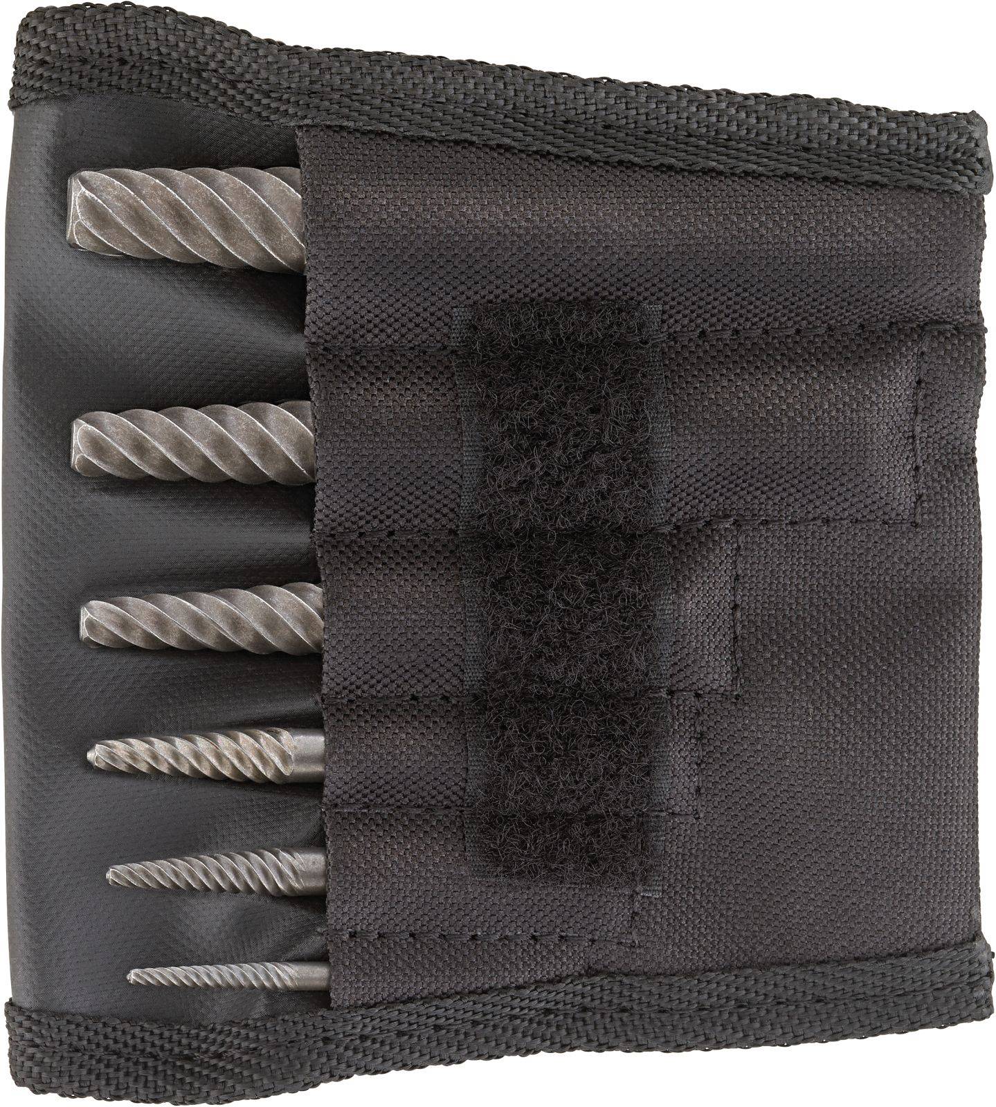 Zwart-grijs armband voor het organiseren van schroefopzetstukken, met geplaatste houder en zichtbare opzetstukken aan de linkerkant.