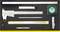 'Foam insert with various measuring tools: caliper, tape measure, angle gauge, pencil, gauge and ruler.'