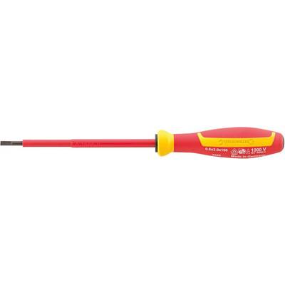 Een rode kruiskopschroevendraaier met een gele greep waarop 'VDE 1000V' staat, geschikt voor elektrische werkzaamheden.