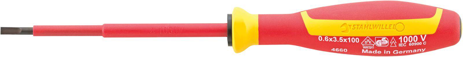Een geïsoleerde schroevendraaier met rode handgreep en gele punt, geschikt voor elektrische werkzaamheden, gemarkeerd met '1000V'.