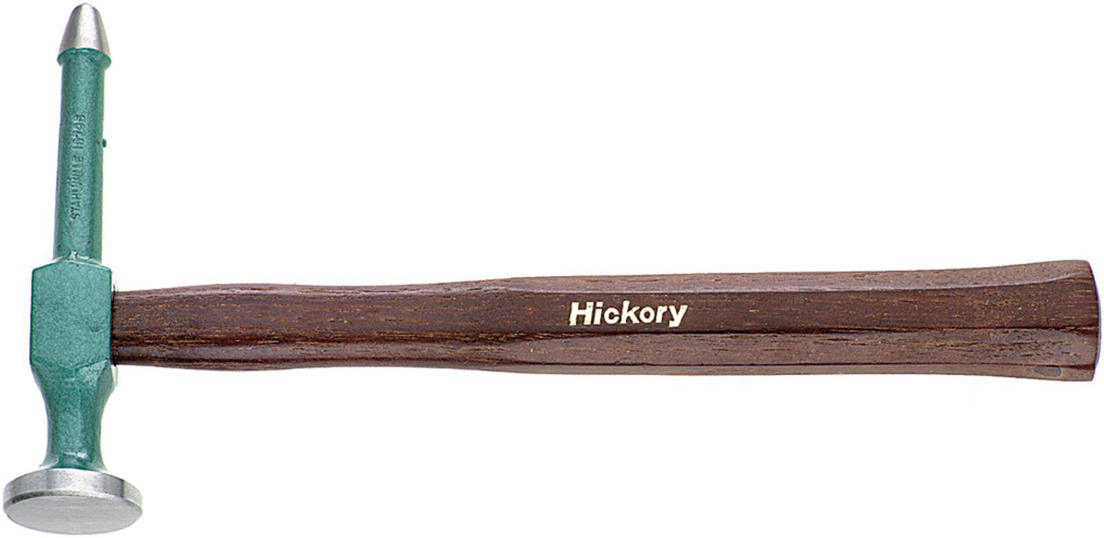 Een hamer met een groene kop en een bruine houten steel waarop 'Hickory' staat. Geschikt voor timmerwerk.