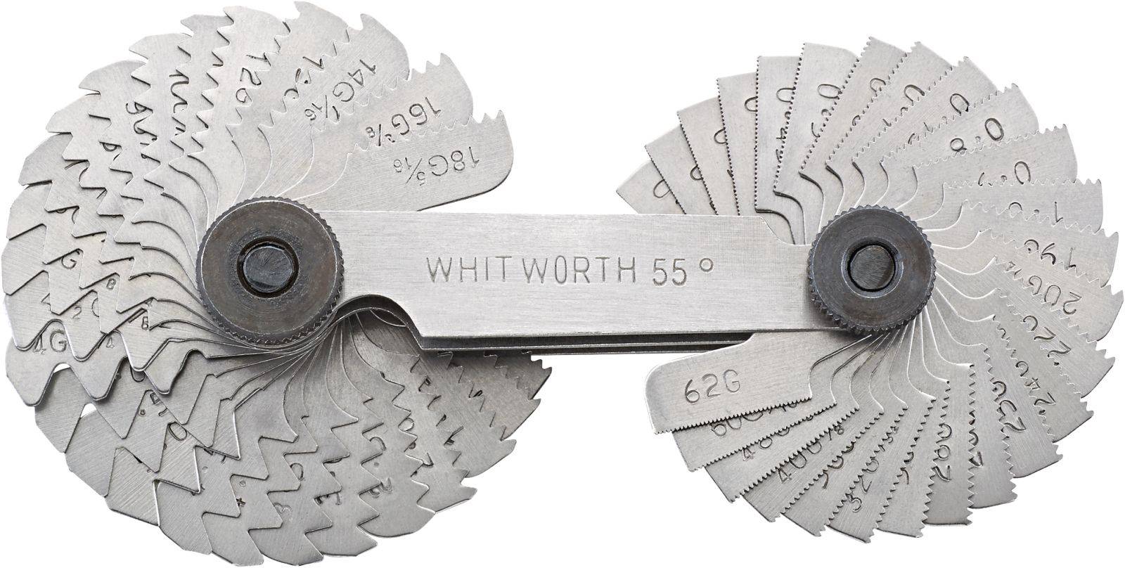 Een voelermaatset met veel metalen bladen voor schroefdraadmeting, gemerkt 'Whitworth 55°'.