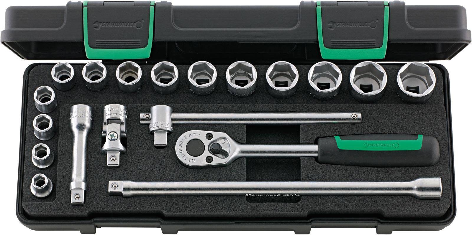 'Set van steeksleutels in verschillende maten in een open zwarte kunststof koffer met groene accenten.'