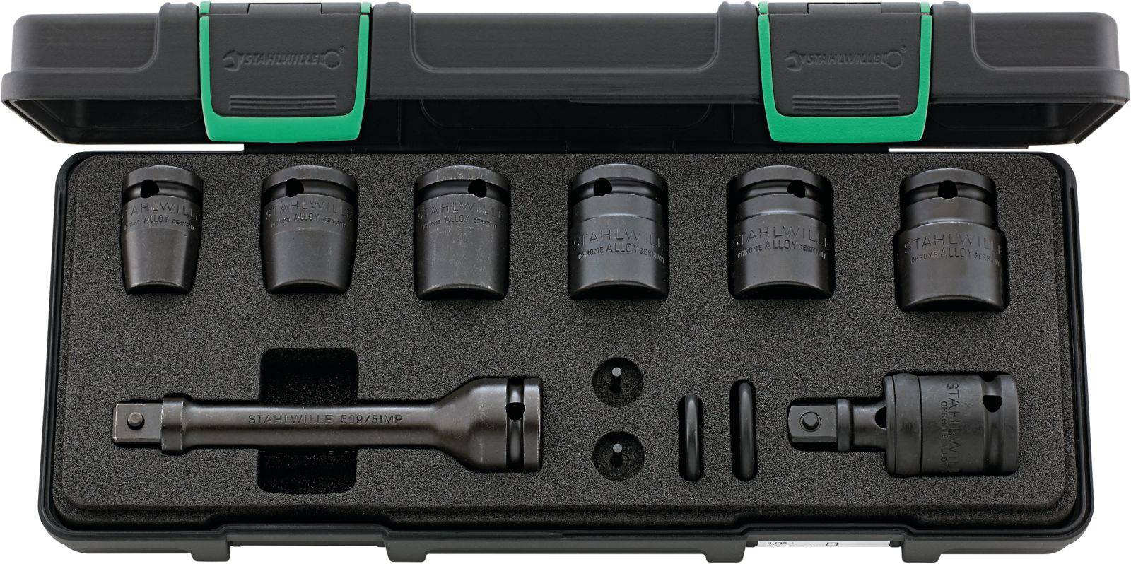 Dopsleutelset met 10 zwarte inzetstukken in een zwarte hardcase. Bevat verschillende maten voor mechanische werkzaamheden.