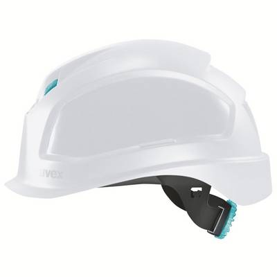 Witte veiligheidshelm met verstelbare binnenring en ventilatiesleuven bovenaan. Geschikt voor bouw- of industriewerkzaamheden.