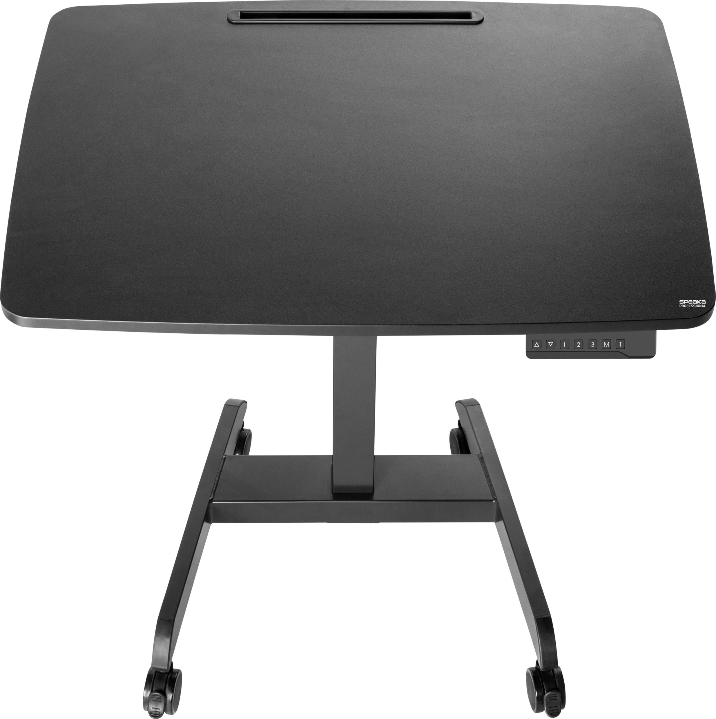 Zwarte, in hoogte verstelbare tafel met rechthoekig blad en wielen. Bedieningspaneel voor hoogteaanpassing aan de rechtervoor.