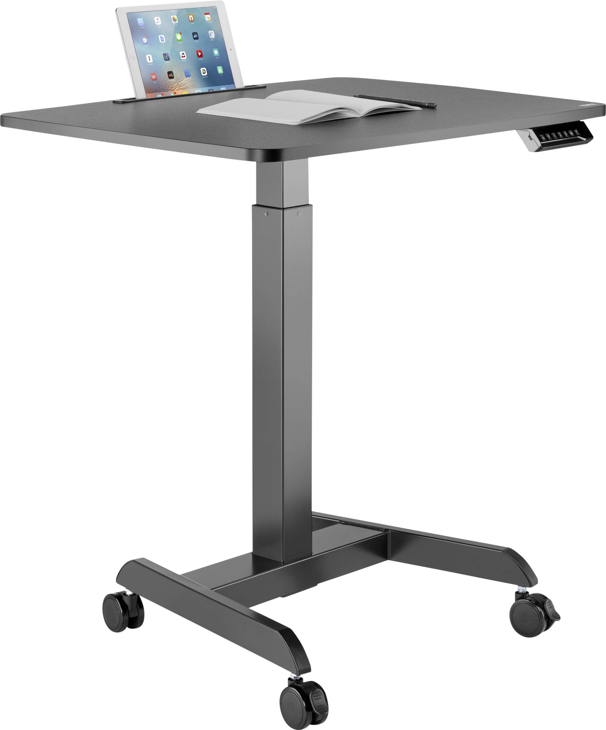 In hoogte verstelbare tafel met wielen, waarop een tablet en een opengeslagen notitieboek liggen.