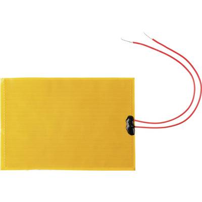 Rechthoekig, flexibel verwarmingselement met twee uitstekende rode draden, gele oppervlakte, geschikt voor elektronische toepassingen.