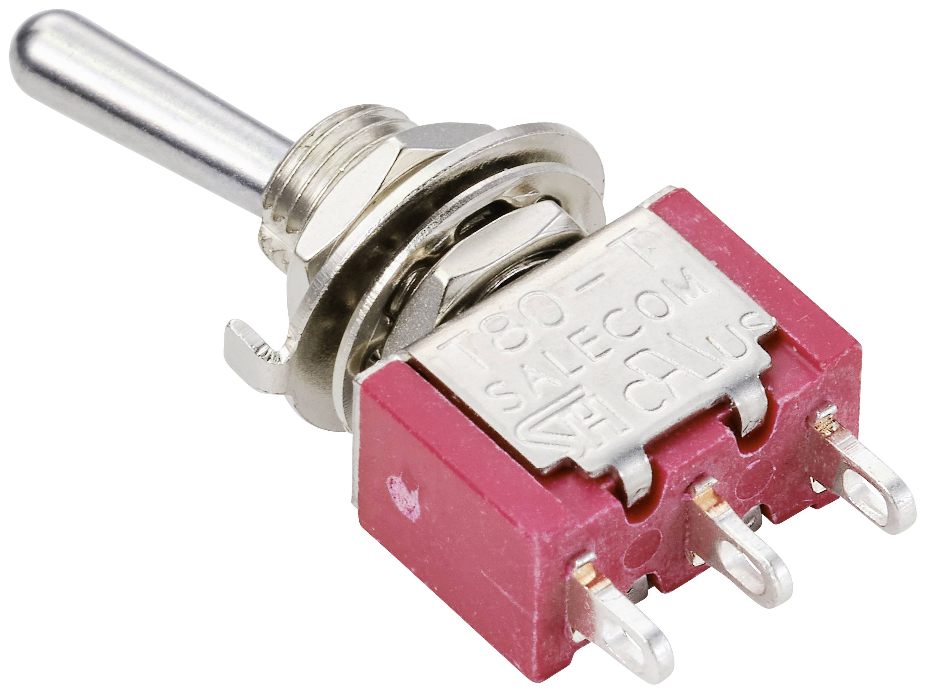 Drievoudige schakelaar met rood behuizing en drie metalen aansluitpennen, geschikt voor elektronische bedrading.