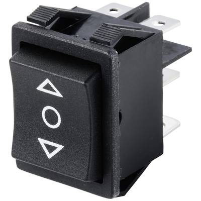 Een zwarte tuimelschakelaar met witte pijlen omhoog en omlaag. Ideaal voor het bedienen van elektronische apparaten of motoren.