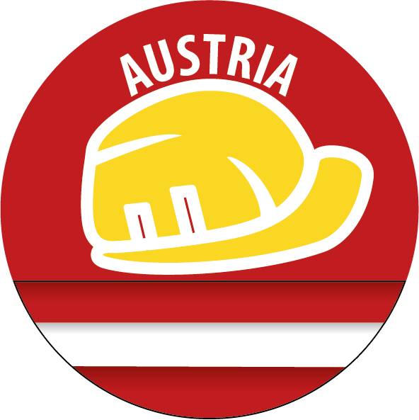 Rond logo met een gele bouwhelm en het woord 'AUSTRIA' op een rode achtergrond, daaronder de rood-witte vlag van Oostenrijk.