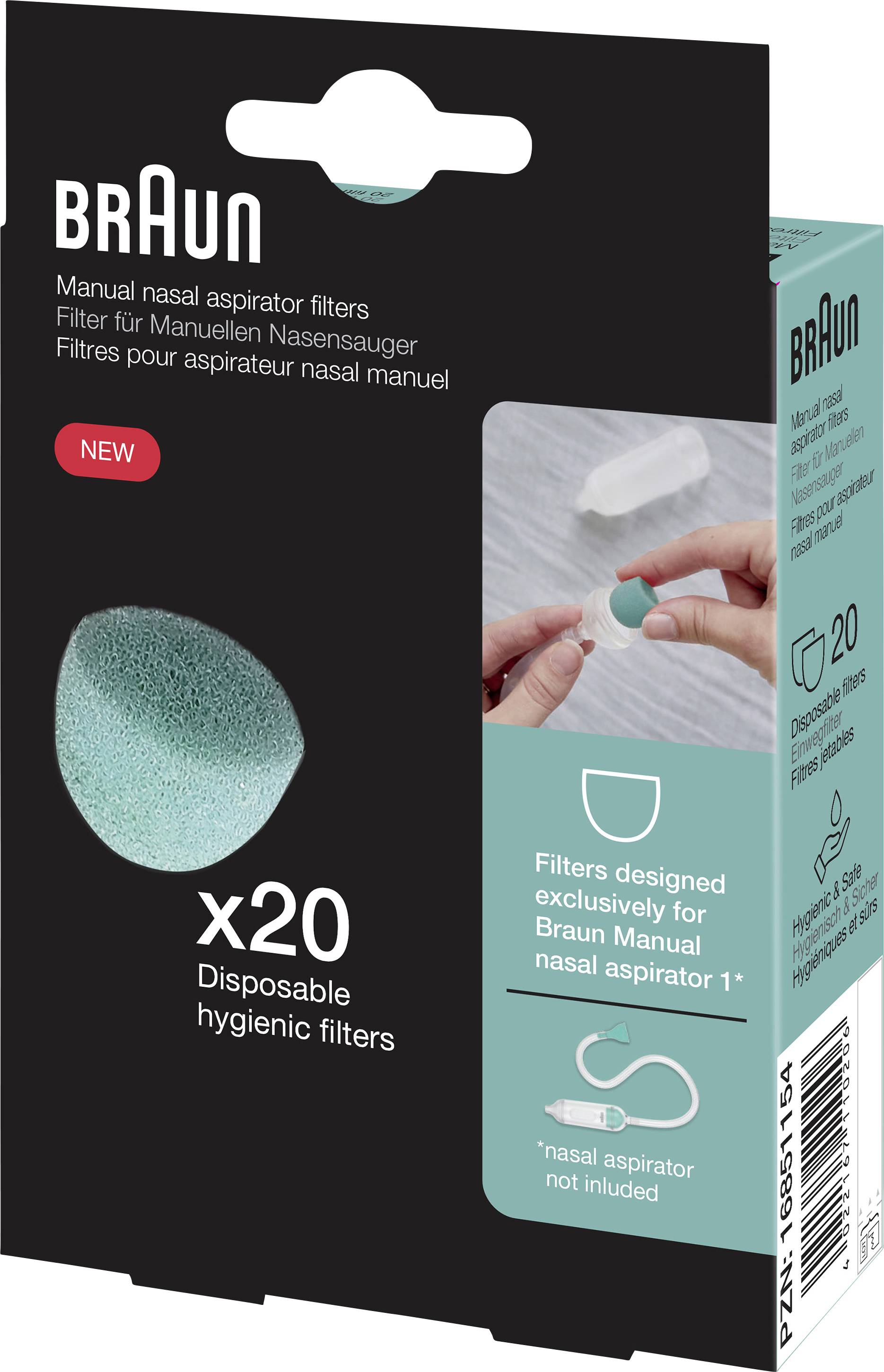 'Braun' verpakking met wegwerpbare hygiënefilters voor handmatige neuszuiger, 20 stuks. Toont de toepassing van de filter in handen.