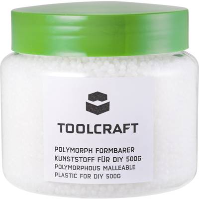 Een container met wit Polymorph-kunststofgranulaat, 500g, van Toolcraft. Groene deksel. Ideaal voor DIY-projecten waarbij het materiaal naar wens te vormen is.