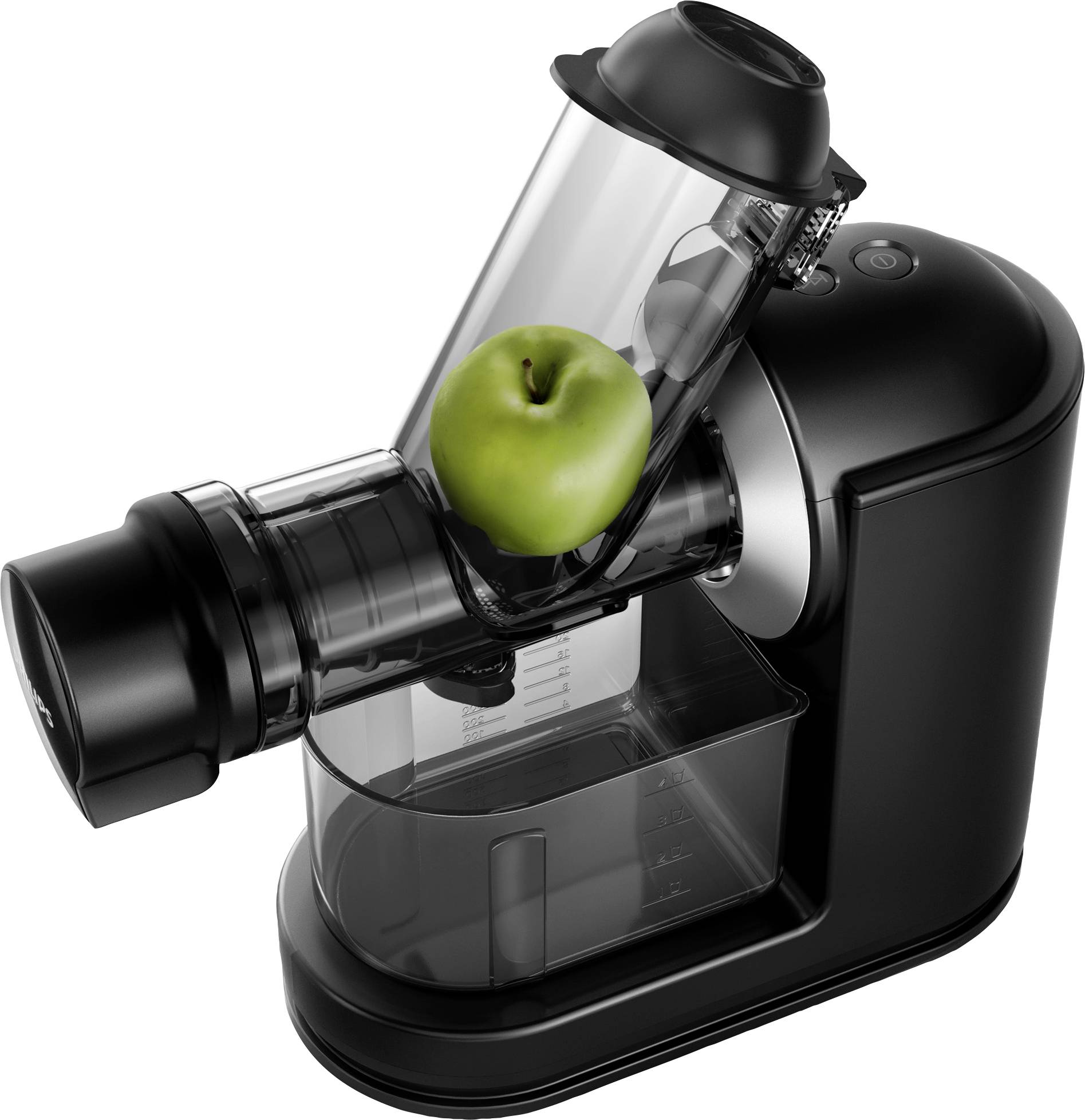 Een zwarte sappers met een groene appel in de invoerbuis. Het apparaat heeft een transparante container om het sap op te vangen.