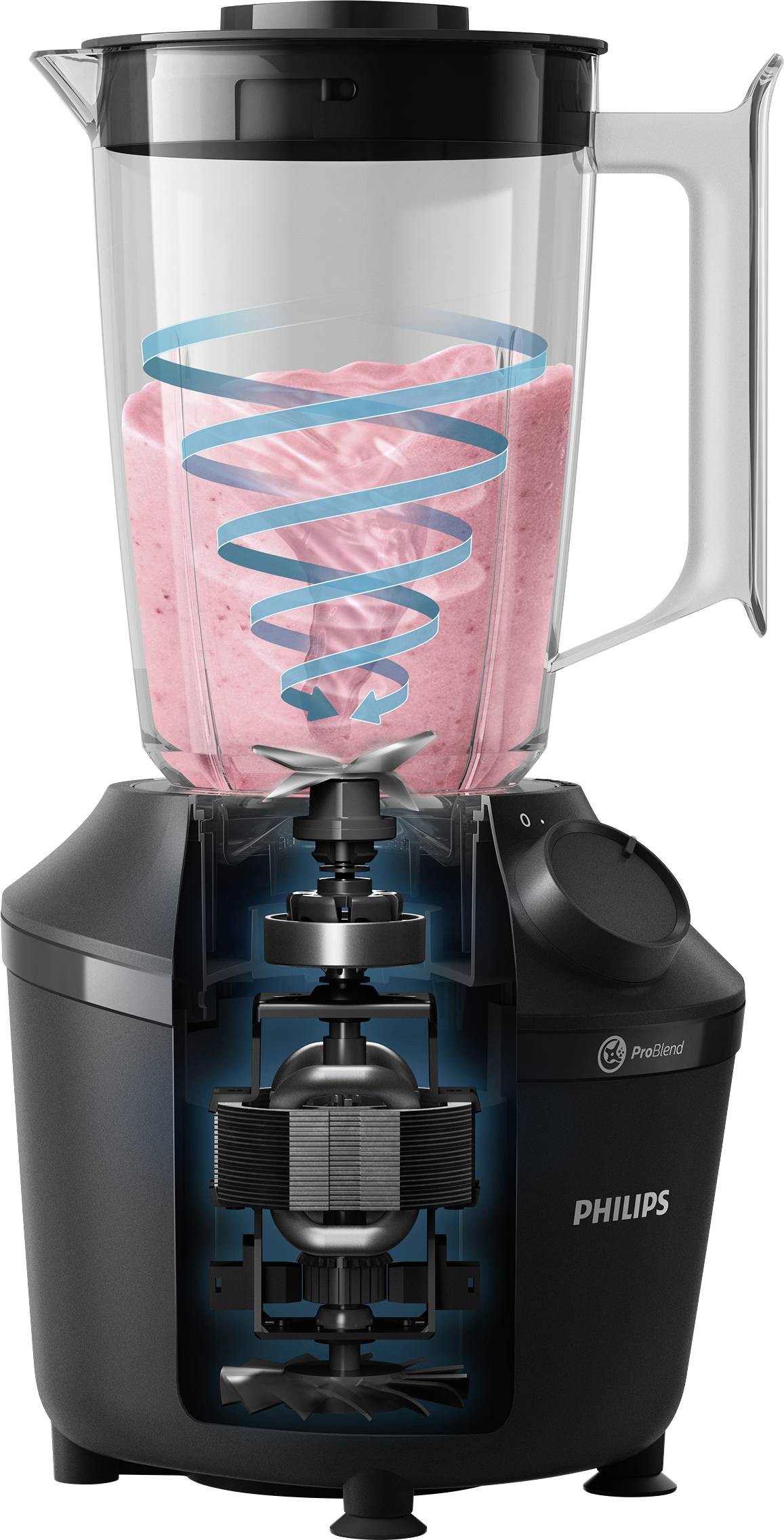 Een elektrische staande blender van Philips, gevuld met een roze smoothie. De blender toont een spiraalvormig wervelproces.