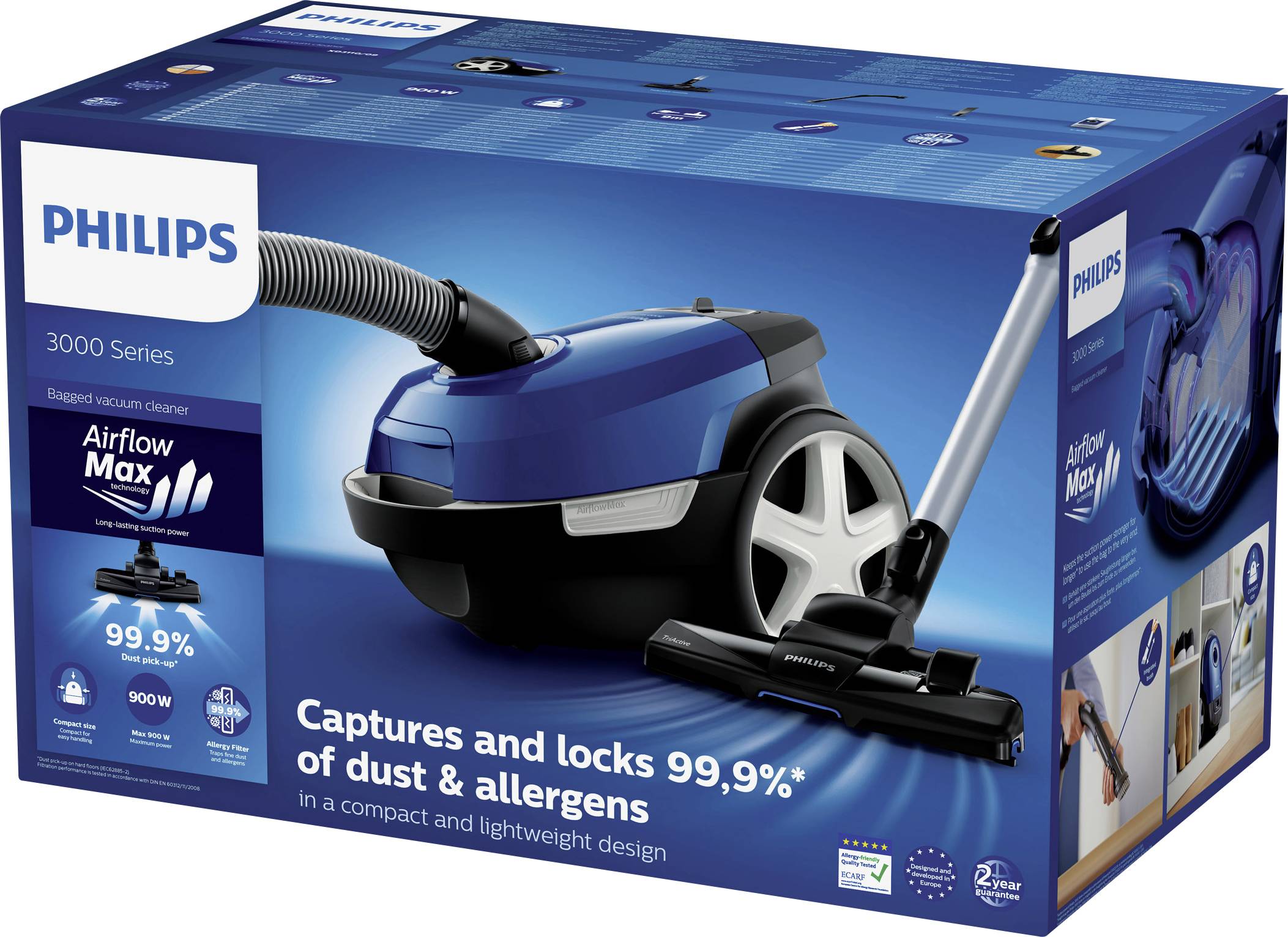 Philips Stofzuiger 3000 Serie. Opschrift 'Vangt en vergrendelt 99,9% van stof & allergenen'. Afgebeeld: Stofzuiger en toebehoren.