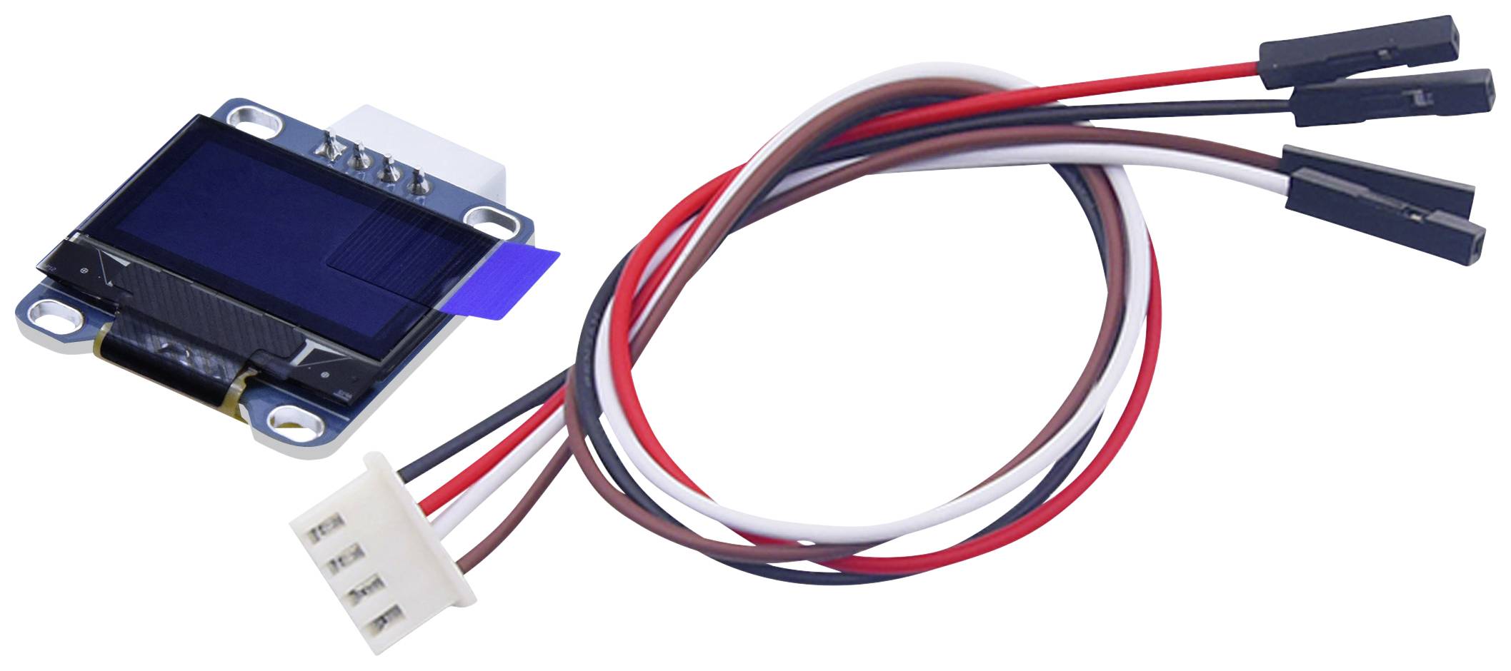 Een klein OLED-display-module naast een kabel met vier aansluitingen, geschikt voor elektronische projecten en prototyping.