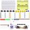 Elektronische kit met breadboard, led's, weerstanden, drukknoppen, condensatoren, servomotor en jumper-kabels, weergegeven als overzicht.