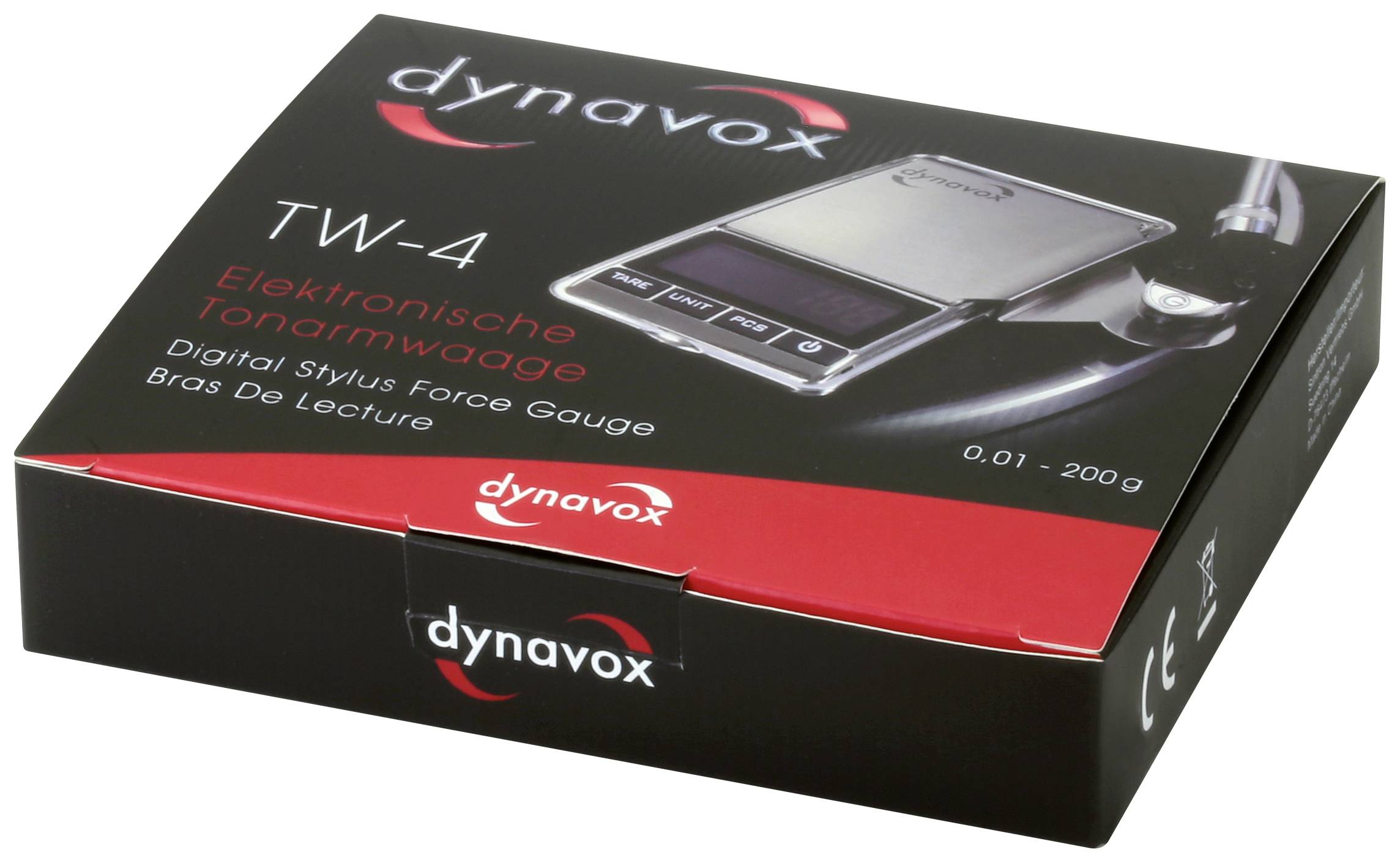 Elektronische toonarmweegschaal Dynavox TW-4 in verpakking, geschikt voor metingen van 0,01 tot 200 gram.
