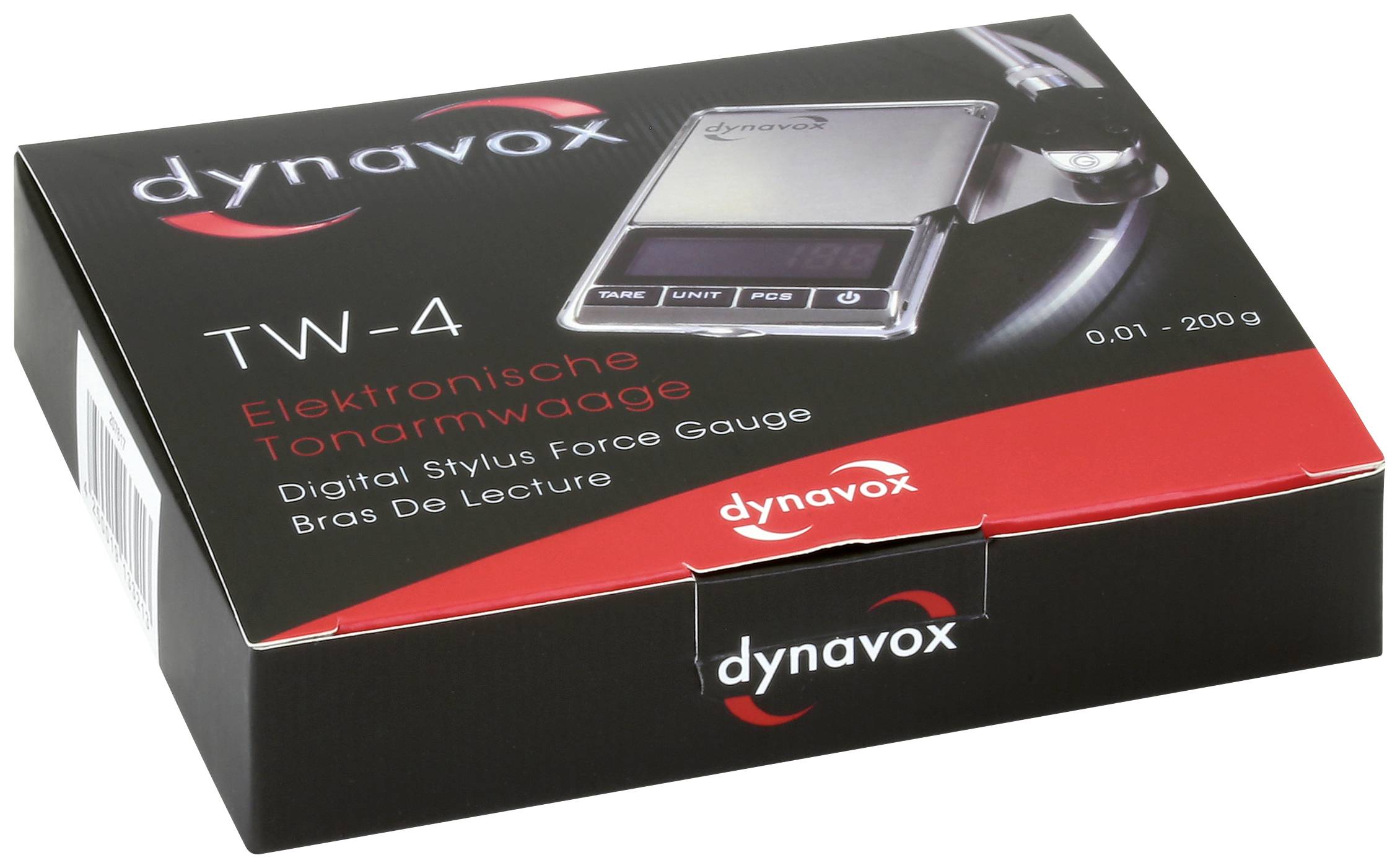 Zwarte doos van het merk 'Dynavox', model 'TW-4', een elektronische toonarmweegschaal. De voorkant toont productafbeelding en specificaties.