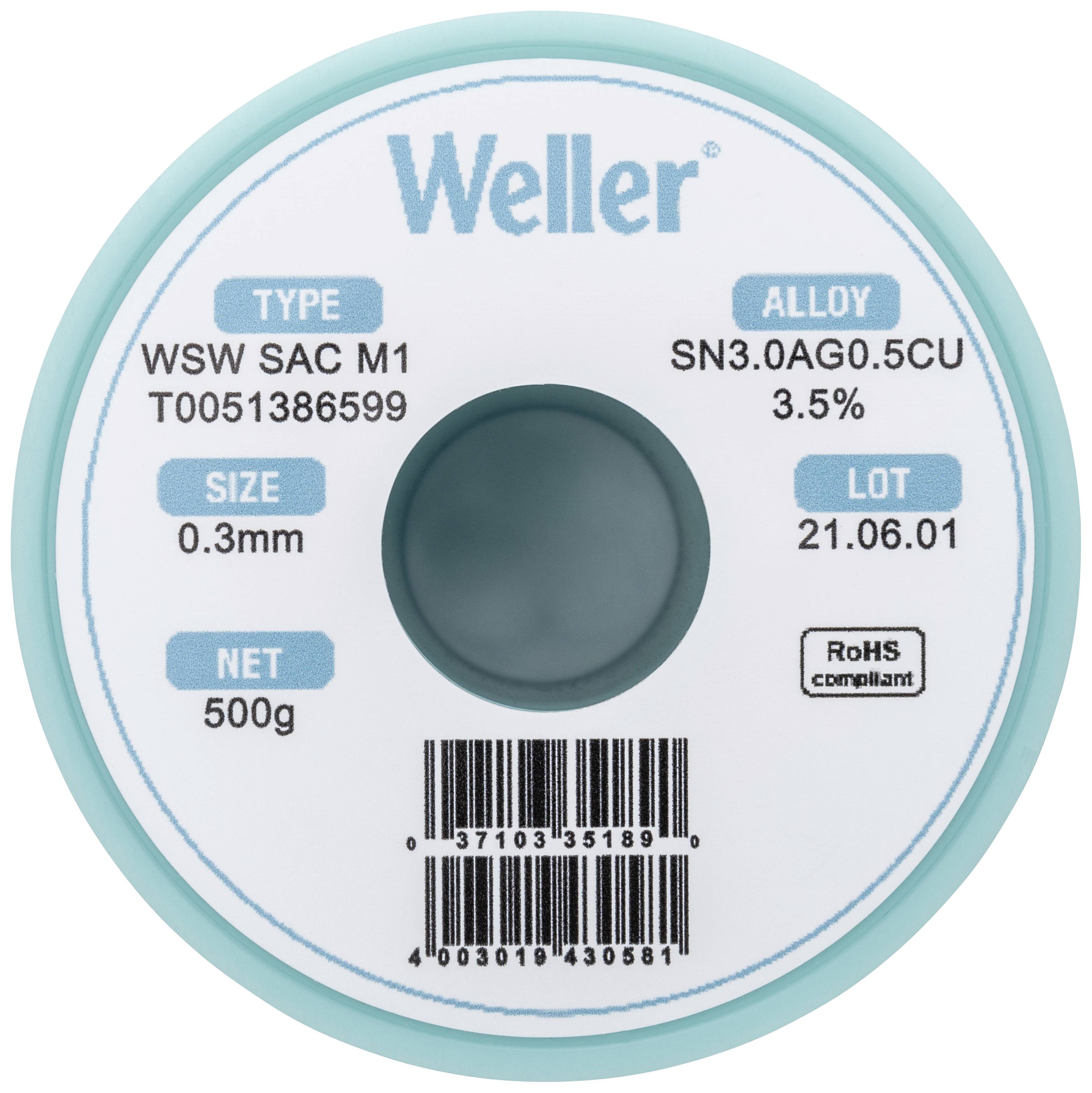 Weller T0051386599 Soldeertin, loodvrij Spoel, Loodvrij Sn3,0Ag0,5Cu 500 g 0.30 mm