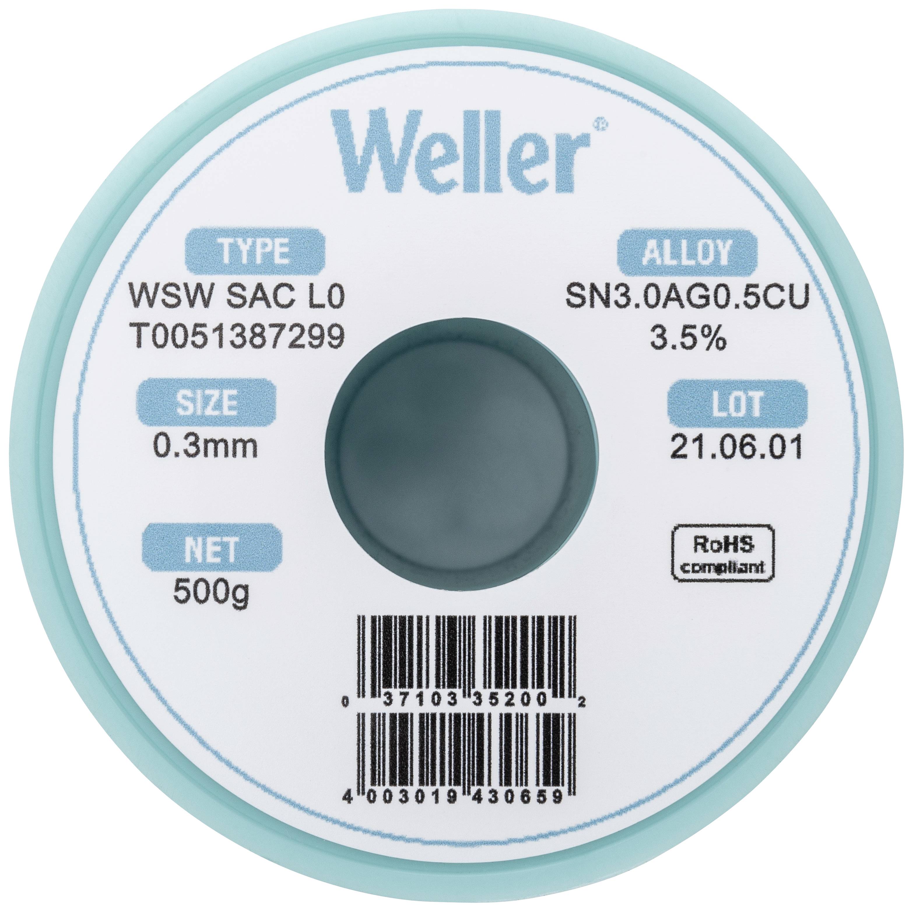Weller T0051387299 Soldeertin, loodvrij Spoel, Loodvrij Sn3,0Ag0,5Cu 500 g 0.30 mm