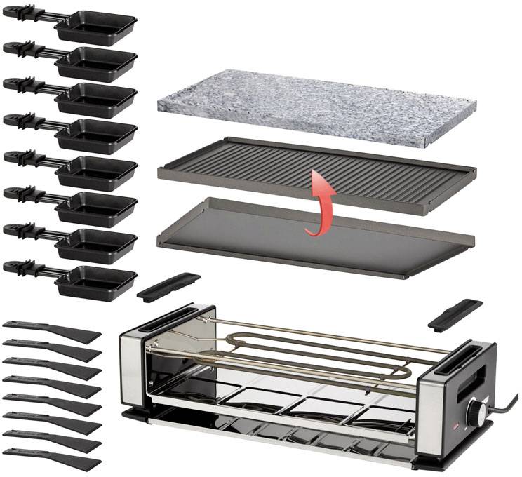 Raclette-set met acht pannetjes, natuurstenen plaat, grillplaat, verwarmingstoestel en acht spatels. Ideaal voor grillen met meerdere personen.