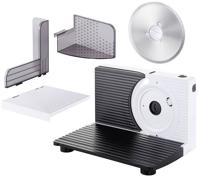 Elektrische multifunctionele snijmachine met verschillende accessoires: snijblad, oplegvlak, steun en voedselhouder. Ideaal voor nauwkeurig snijden van levensmiddelen.